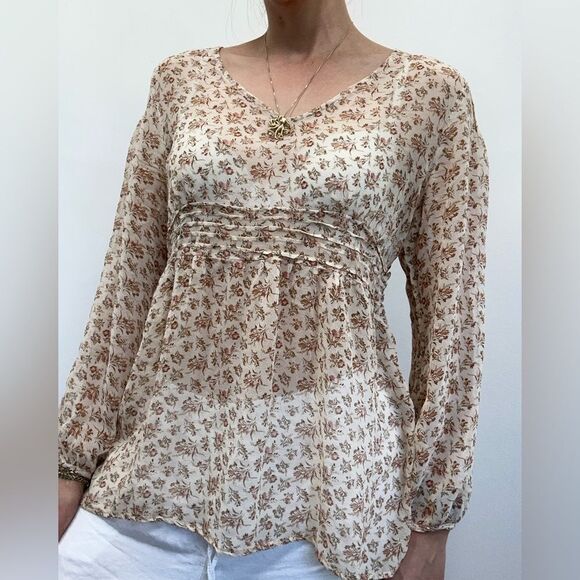 Tess Studio 100% Silk Tan Floral Sheer Long Sleeve Sheer Boho Blouse Size S/M - Picture 1 of 14